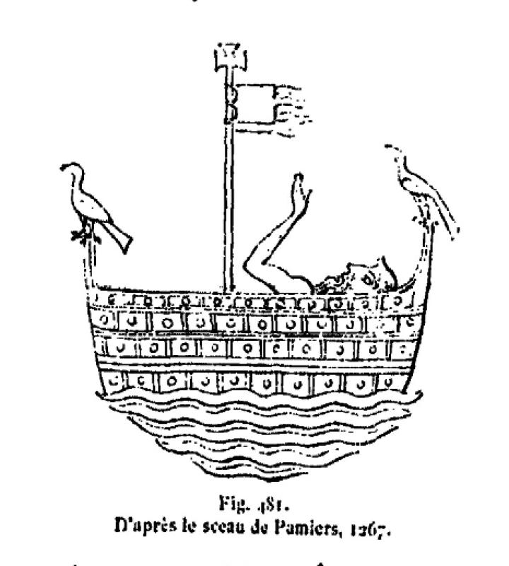 3.9.2024 Sant Antoni escuarterat dintre un vaixell. 1267  -  Font: Le costume au moyen age d’après les sceaux.