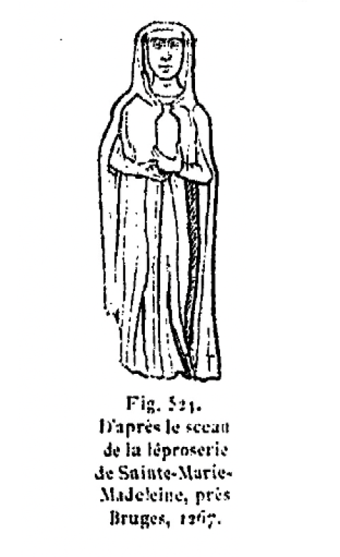 3.9.2024 Santa Magdalena. 1267. Sempre pendent de la cura dels malalts. A les mans, una ampolla amb perfum.  -  Font: Le costume au moyen age d’après les sceaux.